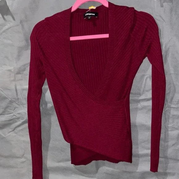 Express W Sz XS Burgundy Criss Cross-Neck Sweater EUC very fitting. FIRM 10 - Picture 1 of 7